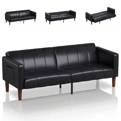 75 in Futon Sofa Bed, Faux Leather Convertible Couch with Adjustable Backrest, Side Pocket, Mid Century Modern Loveseat Sleeper Sofa for Living Room, Bedroom, Apartment, Small Spaces, Black