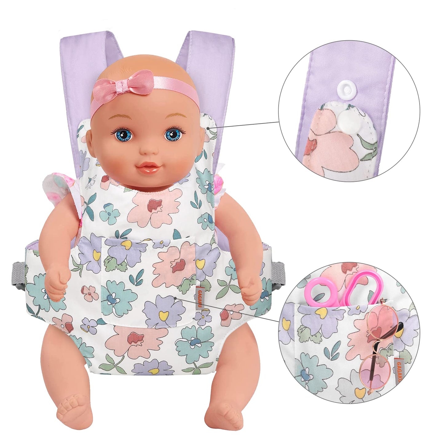 GAGAKU Baby Doll Carrier for Kids, Stuffed Animal Carrier Reborn Baby Carrier with Adjustable Straps, Baby Doll Accessories - Purple (Flowers)