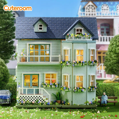DIY Miniature House Kit, CUTEROOM Wooden Dollhouse Kit Mini House Making Kit with Furnitures, DIY Dollhouse Kit Birthday Gift for Women (Warm Manor)