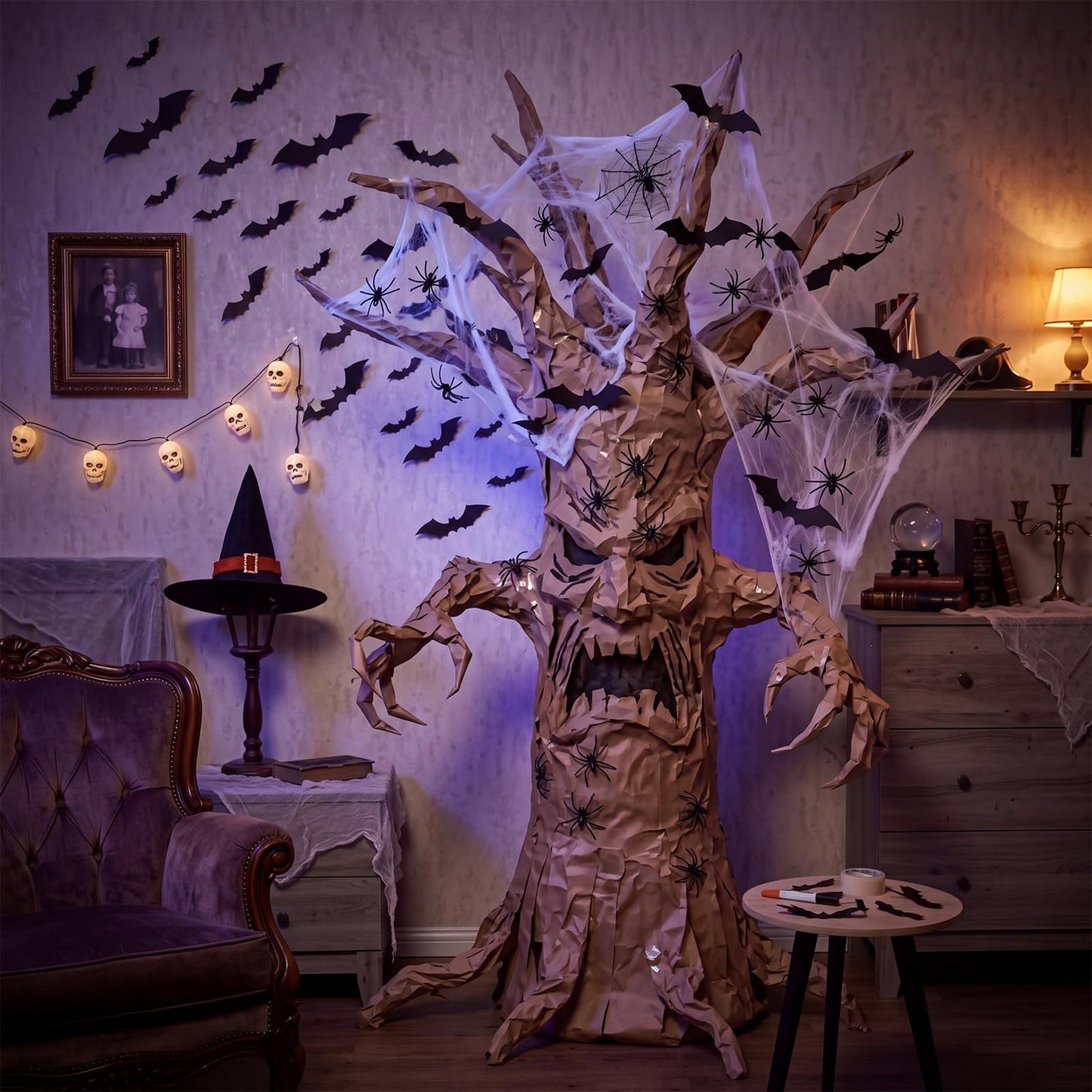 Jetec 92 Pcs Halloween Spooky Tree DIY Wall Decor Kit 56 Bats and 30 Pcs 3D Spider 2 Rolls Brown Kraft Paper with Webs Large Creepy Tree Trunk Craft for Haunted House Indoor Outdoor Home Decoration