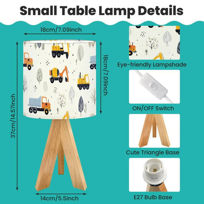 OEPWQIWEPZ Tripod Bedside Desk Table Lamp Cute Children Seamless Construction Machinery Cartoon Hand Wood Nightstand Lamp with Linen Fabric Shade for Nursery Bedroom Living Room Kids Room