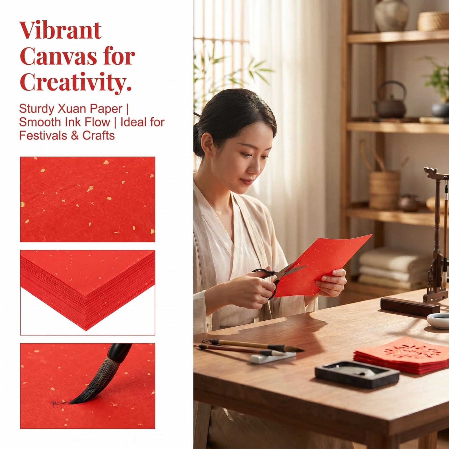 DOITOOL 60 Sheets Chinese Calligraphy Practice Paper Traditional Xuan Rice Paper Pad 8.66X8.66In for Brush Lettering Spring Festival Couplets Lunar New Year Crafts with Gold Fleck Design