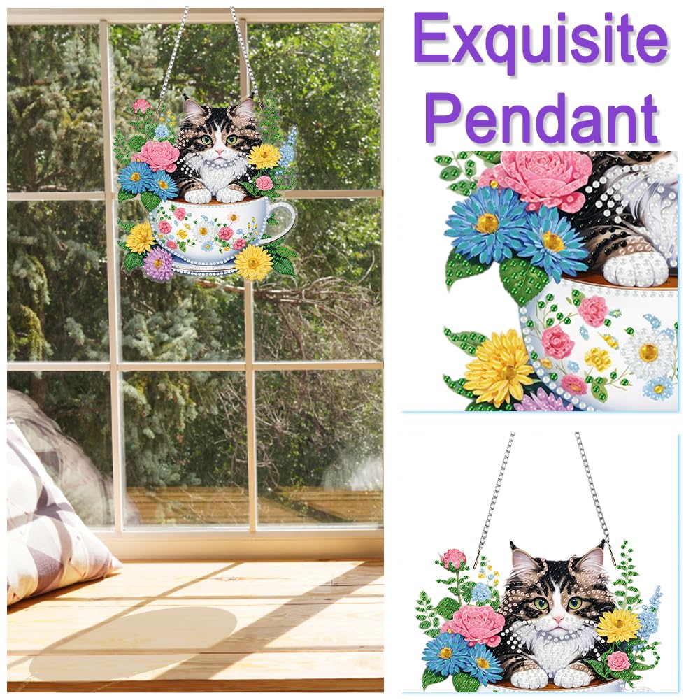 POETRYDRAW DIY Hanging Diamond Art Pendant Kit Flower Cup Cat, Special Crystal Acrylic Diamonds Painting Ornament for Adults, 5D Diamond Art Suncatchers Gem Painting Box Kit