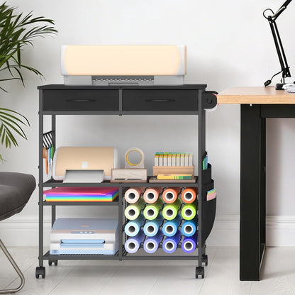 VEOSIR Craft Cart with Vinyl Roll Holder, Organizer & Storage Table for Cricut Machine with Drawer,Mobile Craft Organization and Storage Cart,Crafting Table Accessories Holder for Craft Room Black