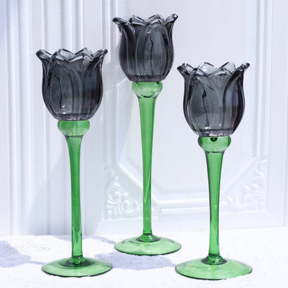 VOHO Light Black Flower Tealight Candle Holder Set of 3, Holiday Decorative Votive Candle Holders for Halloween Theme Party, Different Heights Tulip Tea Lights Candle Holder for Modern Farmhouse Decor