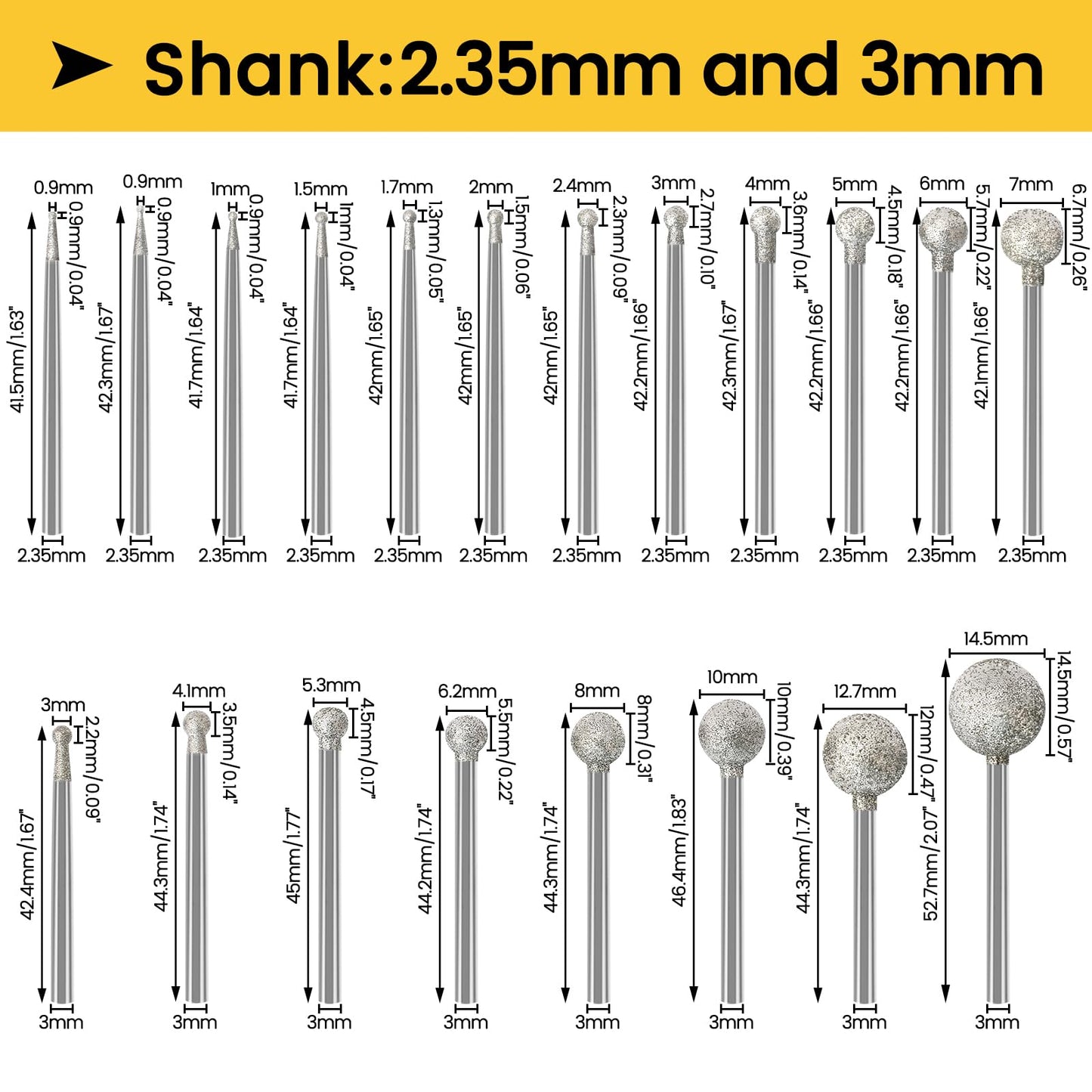Stone Carving Set Diamond Burr Bits Compatible with Dremel, 20PCS Polishing Kits Rotary Tools Accessories with 2.35mm 3mm Shank Round Shape for Carving, Engraving, Grinding, Stone, Rocks, Jewelry