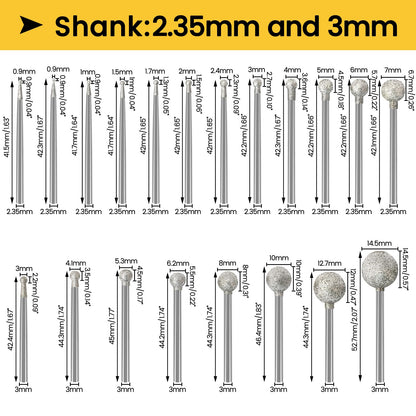 Stone Carving Set Diamond Burr Bits Compatible with Dremel, 20PCS Polishing Kits Rotary Tools Accessories with 2.35mm 3mm Shank Round Shape for Carving, Engraving, Grinding, Stone, Rocks, Jewelry