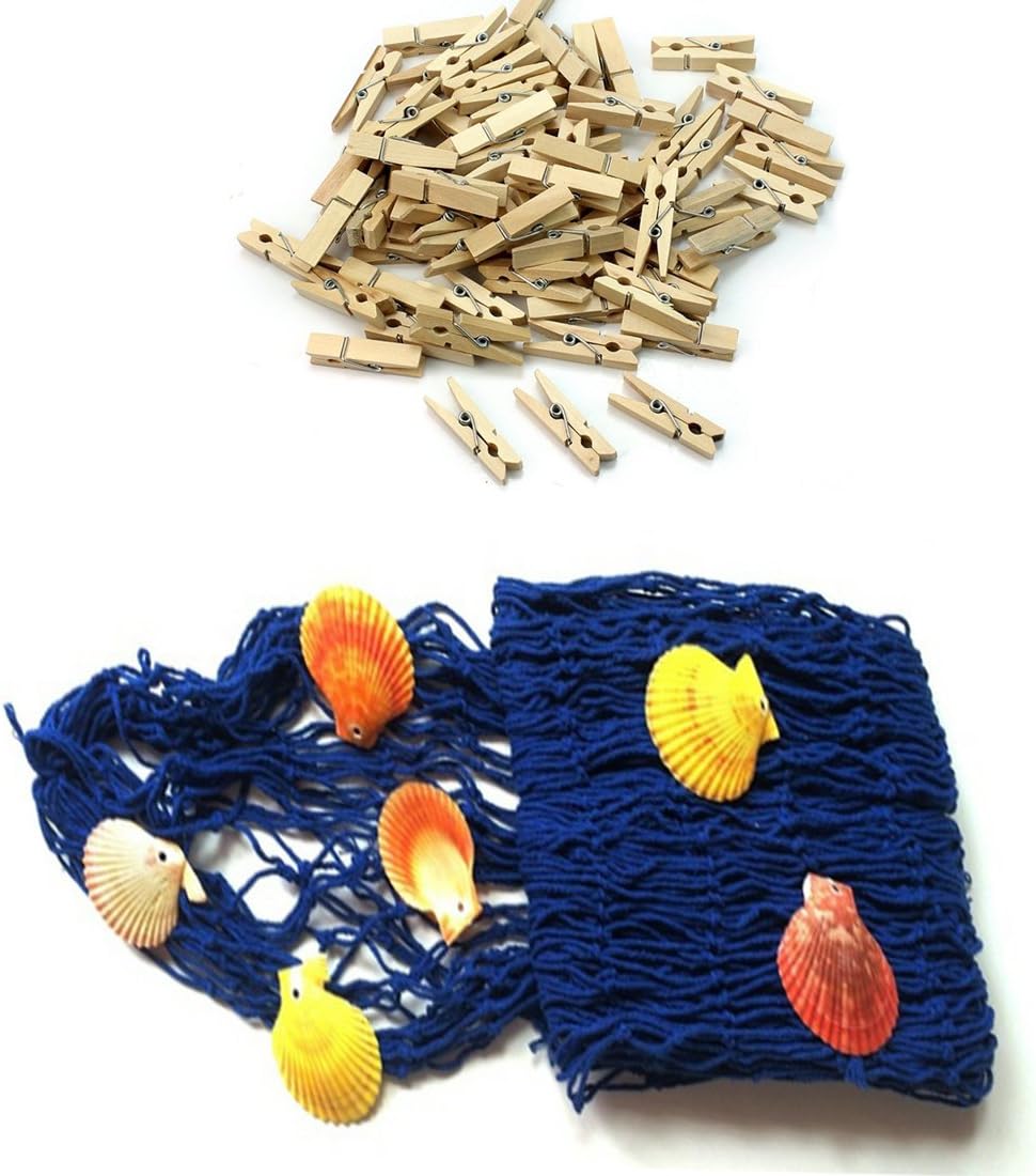 Nautical Fish Net Photo Hanging Display Frames with Sea Shells and Clips for Ocean Theme Party Decorations