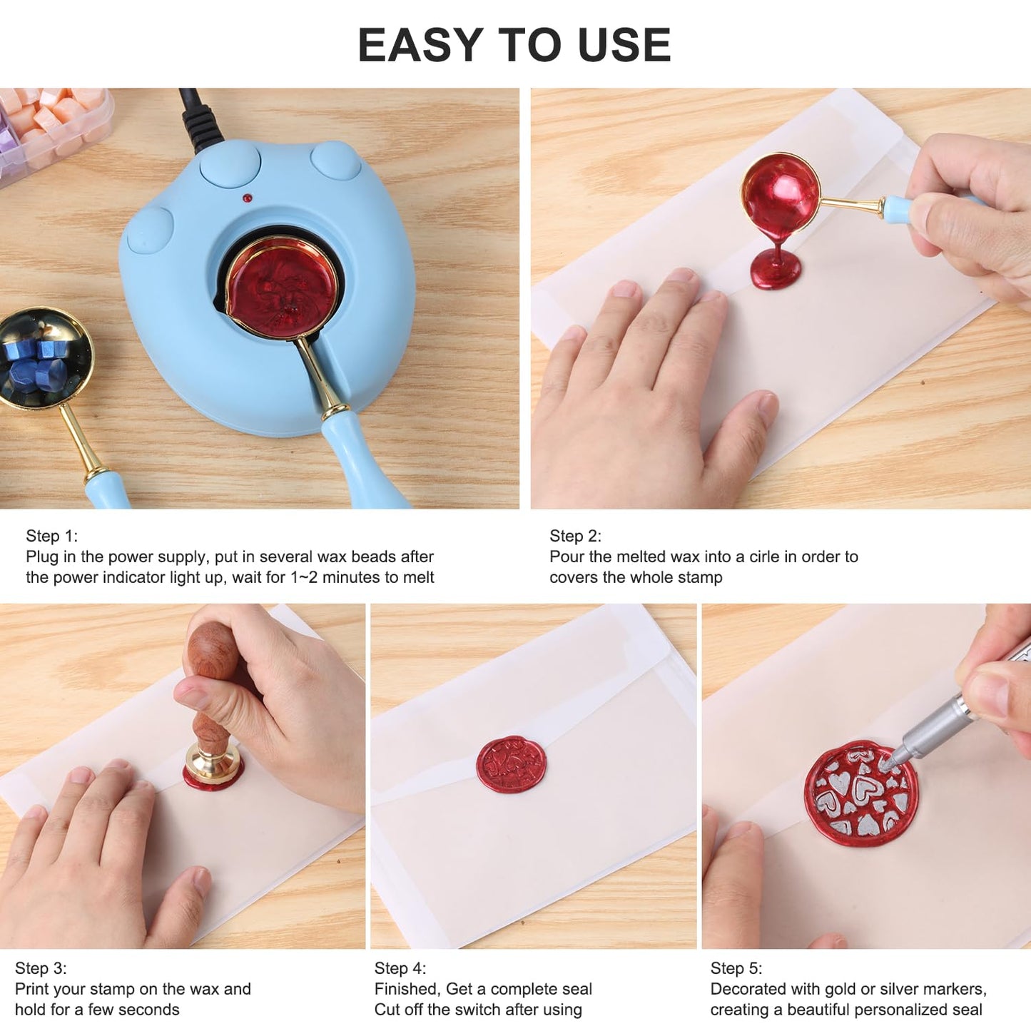 Wax Seal Kit - 24 Color Wax Beads (600pcs), Love Heart Stamps, Electric Warmer, Metallic Pen, Envelopes Sealing Kit for Wedding Invitations