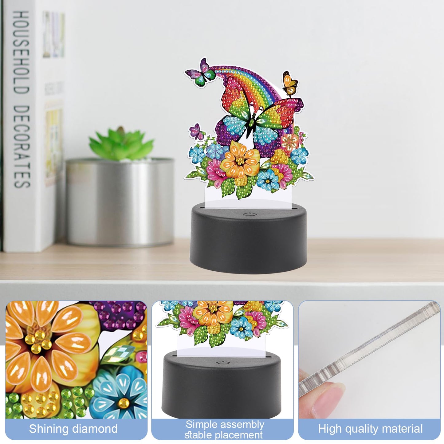 JISHSHAY Diamond Painting Night Light Diamond Art Table Lamps Gem Art LED Lights Gem Painting Desk Lamp Mosaic Kits for Adults DIY Kits for Adults with Special Drill Rainbow Butterfly Flower