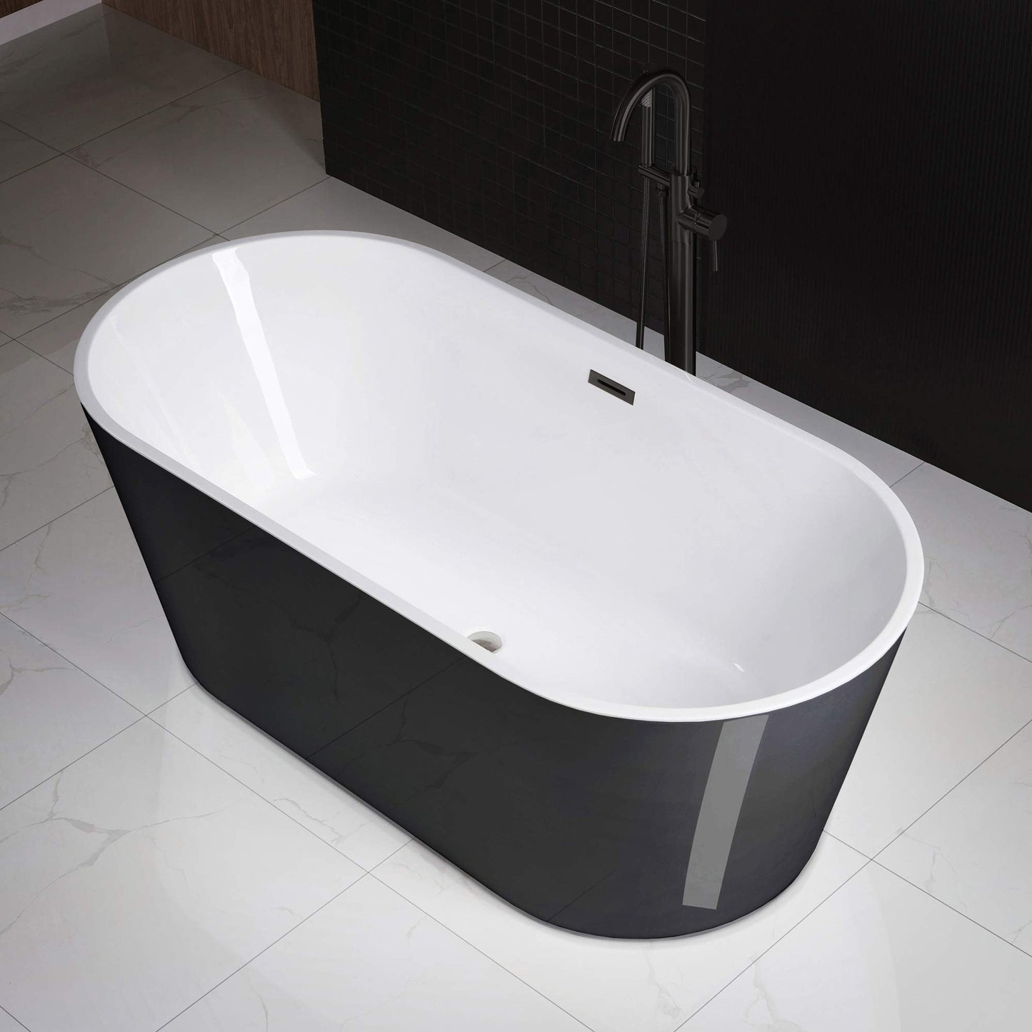 WOODBRIDGE 67" Freestanding Acylic Soaking Bathtub with White, Drain and Overflow in Matte, BTA1813-MB-Drain &O, Matte Black
