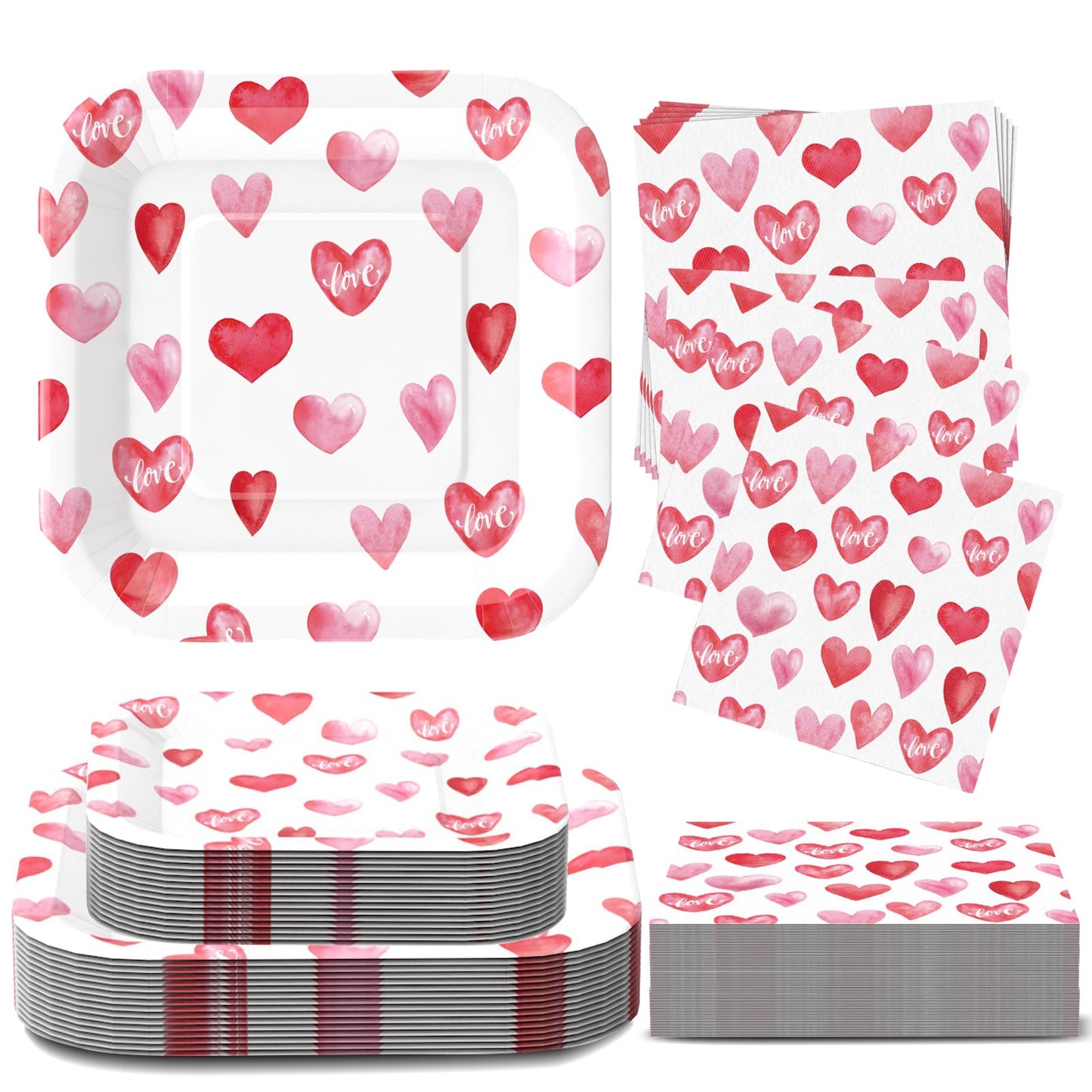 Glinarious Valentines Day Plates and Napkins Sets, Square Valentine Plates 9" Heart Plates 7" for Valentines Day Party Decorations