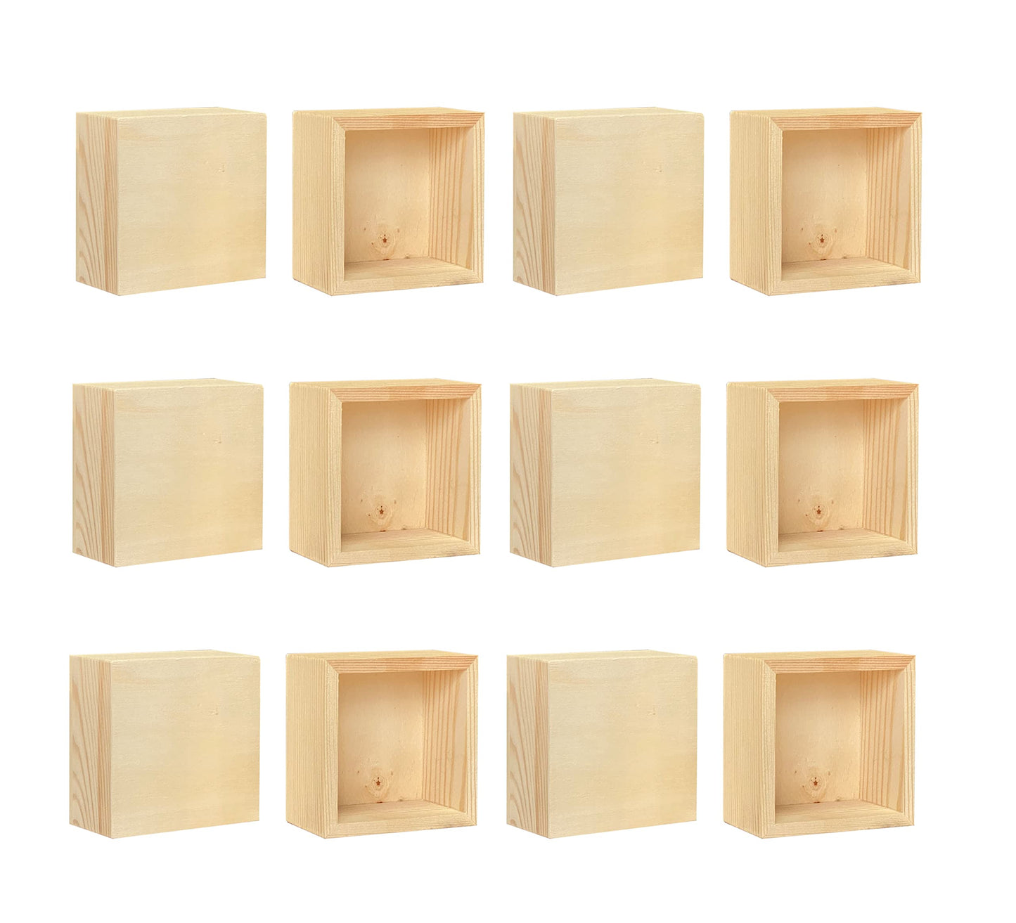 12-Pack Square Wood Box Unfinished Small Wooden Boxes for Crafts (Outer 3.7X 3.7X 2 in,Interior 3.2 x 3.2 x1.9 in)