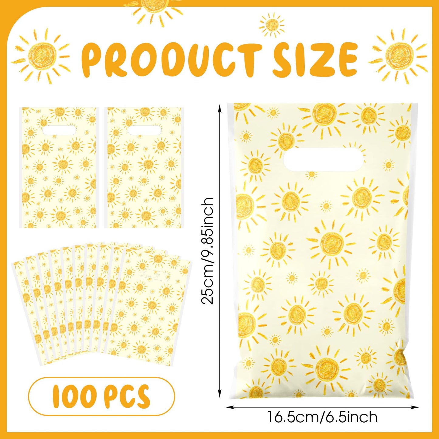 Supervitae 100 Pcs Boho Sun Plastic Gift Bags Bulk with Handles - First Trip Around the Sun Party Favors Summer Sunshine Treat Bags for Birthdays Weddings Snacks Candy Goodie Party Supplies
