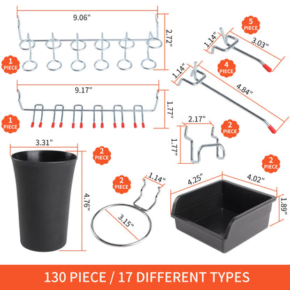 FALPRO 130PCS Pegboard Hooks Assortment - Peg board Hooks for Hanging Tools with Pegboard Bins & Cups,1/8-Inch Pegboard Wall Organizer - Ideal for Organizing in the Garage Kitchen Workbench Craft Room