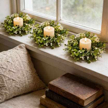 6 Pcs Small Spring Summer Candle Ring Wreaths with Artificial Eucalyptus Greenery White Buds Mini Pillar Candle Holder Wreath for Home Kitchen Cabinets Table Centerpieces Front Door Wedding Decor