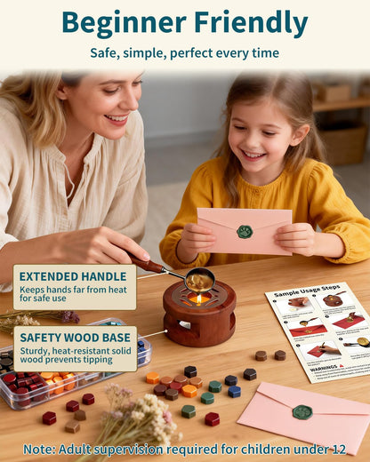 SHOWPIN Wax Seal Kit for Beginners: 400 Wax Beads in 20 Colors, 2 Stamp Heads & Premium Envelopes in Gift Box for Holiday Gifting & DIY Letter Sealing
