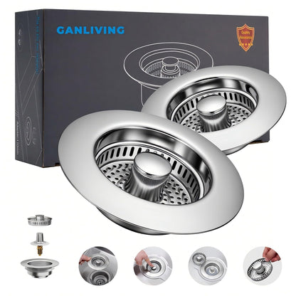 GanLiving 3-in-1 Kitchen Sink Drain Strainer Stopper, 304 Stainless Steel Pop Up Drain Plug, Anti-Clog Odor Prevention Sink Basket, Tool-Free Easy Install, Fits US Standard 3-1/2" Drain Hole,2 Pack
