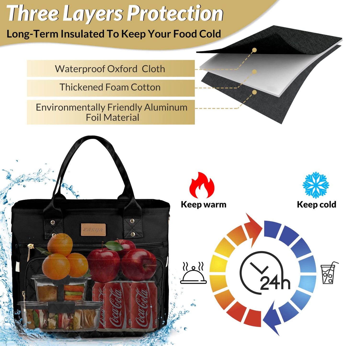 EASYA Large Insulated Lunch Bag for Work, Women's Nylon Thermal Lunch Box, Leakproof Cooler Tote Bag with Storage Pocket (Black)