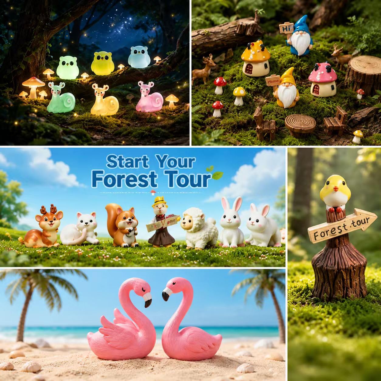 YSUNZIA 100PCS Mini Fairy Garden Accessories, Miniature Fairy Garden Kit w/Glow in The Dark Animals, Gnomes, Mushroom, Micro Landscape Ornaments, DIY Dollhouse Crafts, Outdoor/Indoor Plant Decor