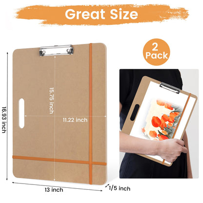 2 Pack Drawing Board, 17 x 13 Inch Portable Sketch Boards with 2 Rubber Bands, Easy to Use and Carry Art Clipboard for Painting in Class Studio Travel, Brown