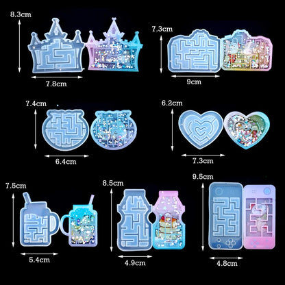 FineInno 7Pcs Resin Shaker Molds,Maze Silicone Casting Molds Sets,Epoxy Quicksand Mold,Jewelry Hollow Mold with 2 Box Bead