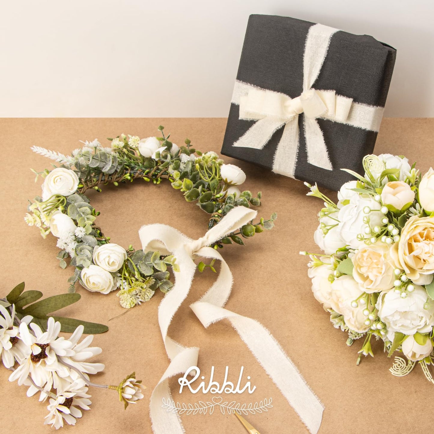 Ribbli 3 Rolls Ivory Ribbon 1 Inch x 18 Yards Cream White Handmade Cotton Frayed Fringe Ribbons for Wrapping Wedding Invites Bridal Bouquets Baby Shower DIY Crafts Home Decor