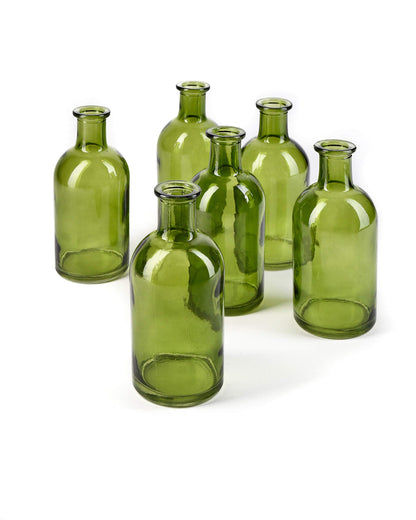 Serene Spaces Living Bud Vases, Apothecary Jars, Decorative Glass Bottles, Centerpiece for Wedding Reception, Mini Flower Vases, Small Medicine Bottles for Home Decor (Dark Green, Set of 6)