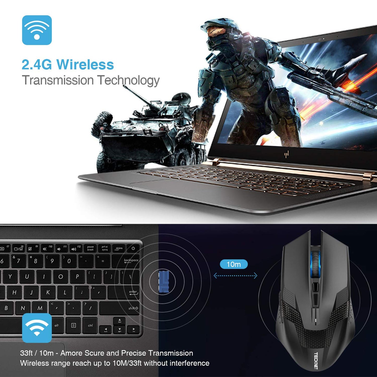 TECKNET Wireless Mouse-USB Ergonomic Optical Cordless Mouse with 8 Buttons,24-Month Battery Life,High-Precision 5 Adjustable DPI for PC/Mac/Laptop