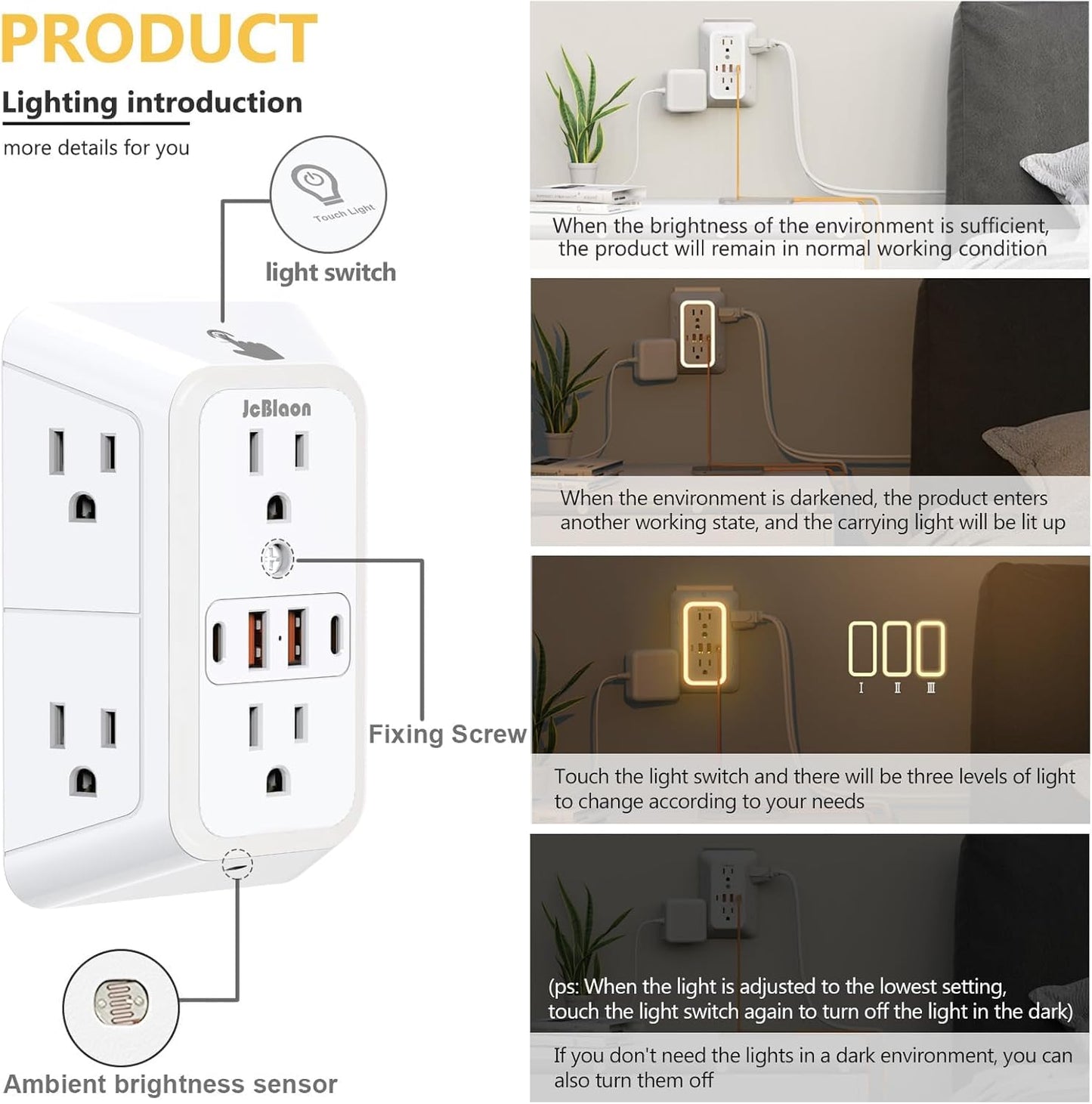 Wall Outlet Extender with Night Light, Power Plug Adapter 6 Outlet Extender with 4 USB Charging Ports 1050J Power Strip Multi Plug Adapter Spaced for Home Travel Office (2U2C)