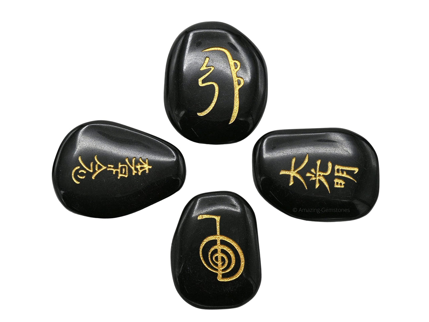 Amazing Gemstone Black Agate Crystal Reiki Stones with Engraved Symbols for Usui Reiki Healing, Set of 4 Pcs (Indian Handmade Reiki Gift Set)