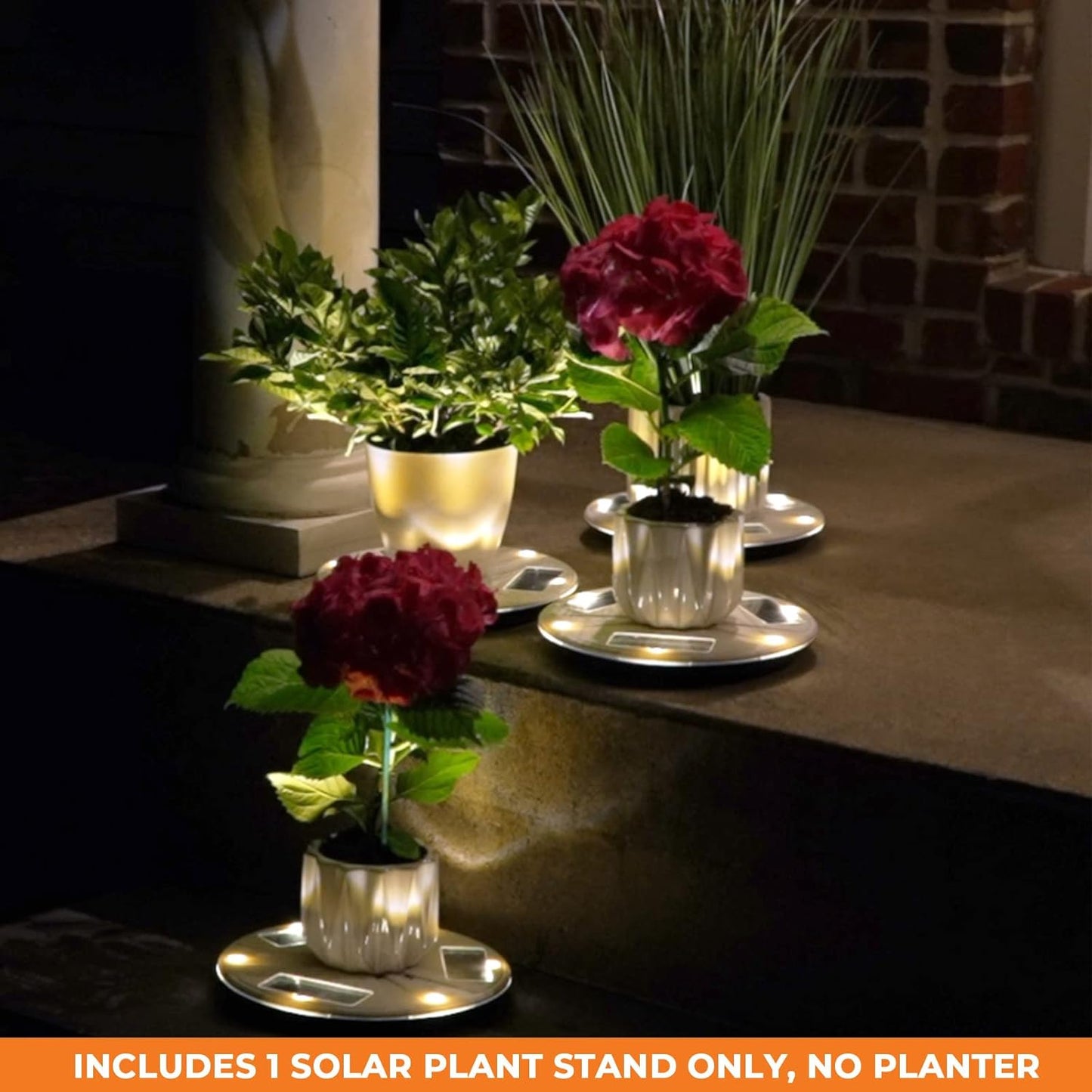 (77i50265) Gama Sonic Illuminated Plant Stand for Outdoor, Solar Power, White Base for Exterior Potted Plants