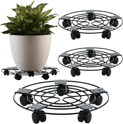 3 Packs 13.5" 5 Metal Plant Caddy with Wheels Large Wrought Iron Metal Rolling Plant Stands Heavy-duty Plant Roller Pot