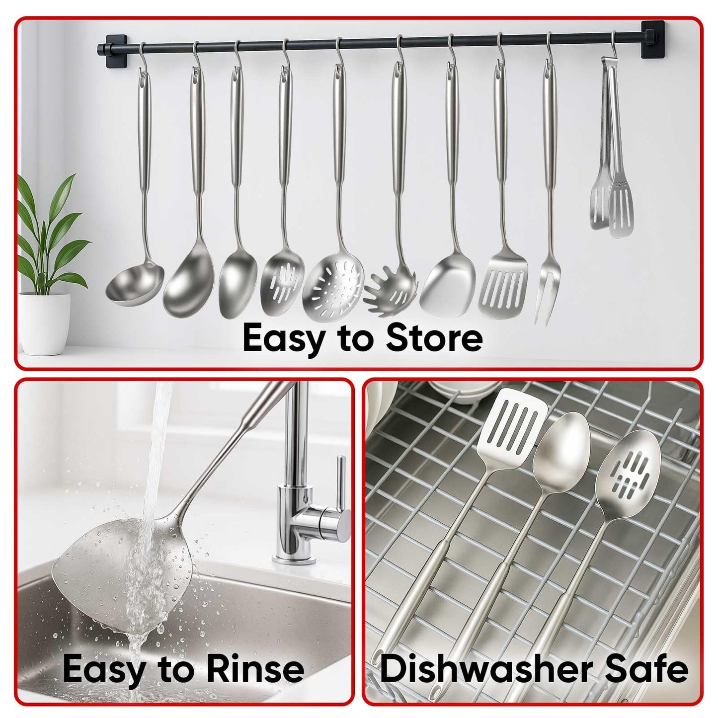 5 Pcs Newness Cooking Utensils Set, 304 Stainless Steel Kitchen Utensils Set, Metal Kitchen Accessories, Include Soup Ladle, Slotted Skimmer Spoon, Spaghetti Spoon and Spatula, Dishwasher Safe