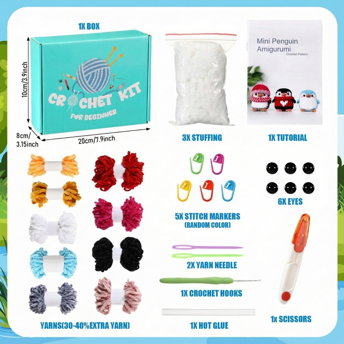XunYee 3 Pcs Little Penguins Crochet Kit DIY Amigurumi Set Chenille Yarn Crochet Kit for Beginners with Complete Tools Step-by-Step Pattern Craft Gift for Adults