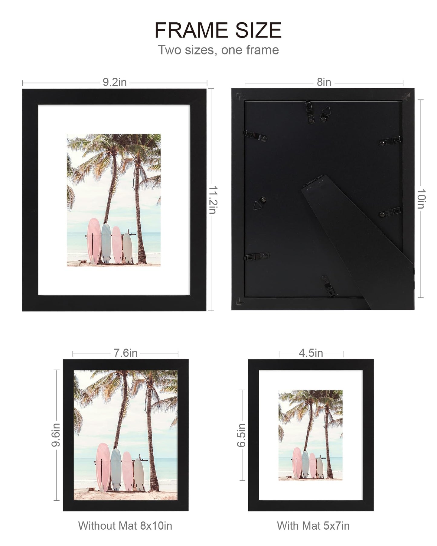 Hongkee 8x10 Picture Frame (4 Pack, Black) Made of Real Glass and Wooden Frame - Display Pictures 5x7 with Mat or 8x10 Without Mat, 8 by 10 Photo Frames TableTop Display and Wall Mounting
