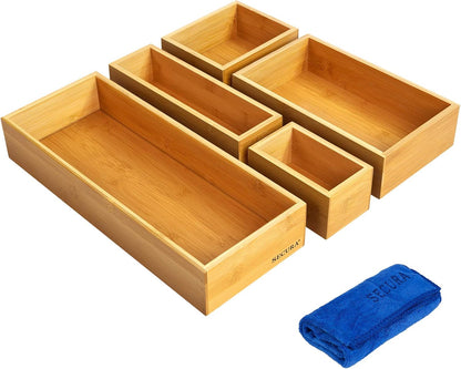 Secura Kitchen Drawer Utensil Organizer Box Set, 5 Pack Bamboo Holder for Cutlery, Makeup, Silverware, Jewelry