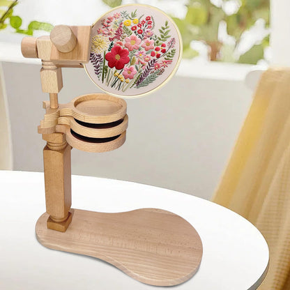 Biaungdo Adjustable Rotated Embroidery Hoop Stand with 5 Pack 5 Sizes Hoop, Wooden Embroidery Hoop Holder Frame & 3 Bowls for Cross Stitch, DIY Craft Sewing Projects