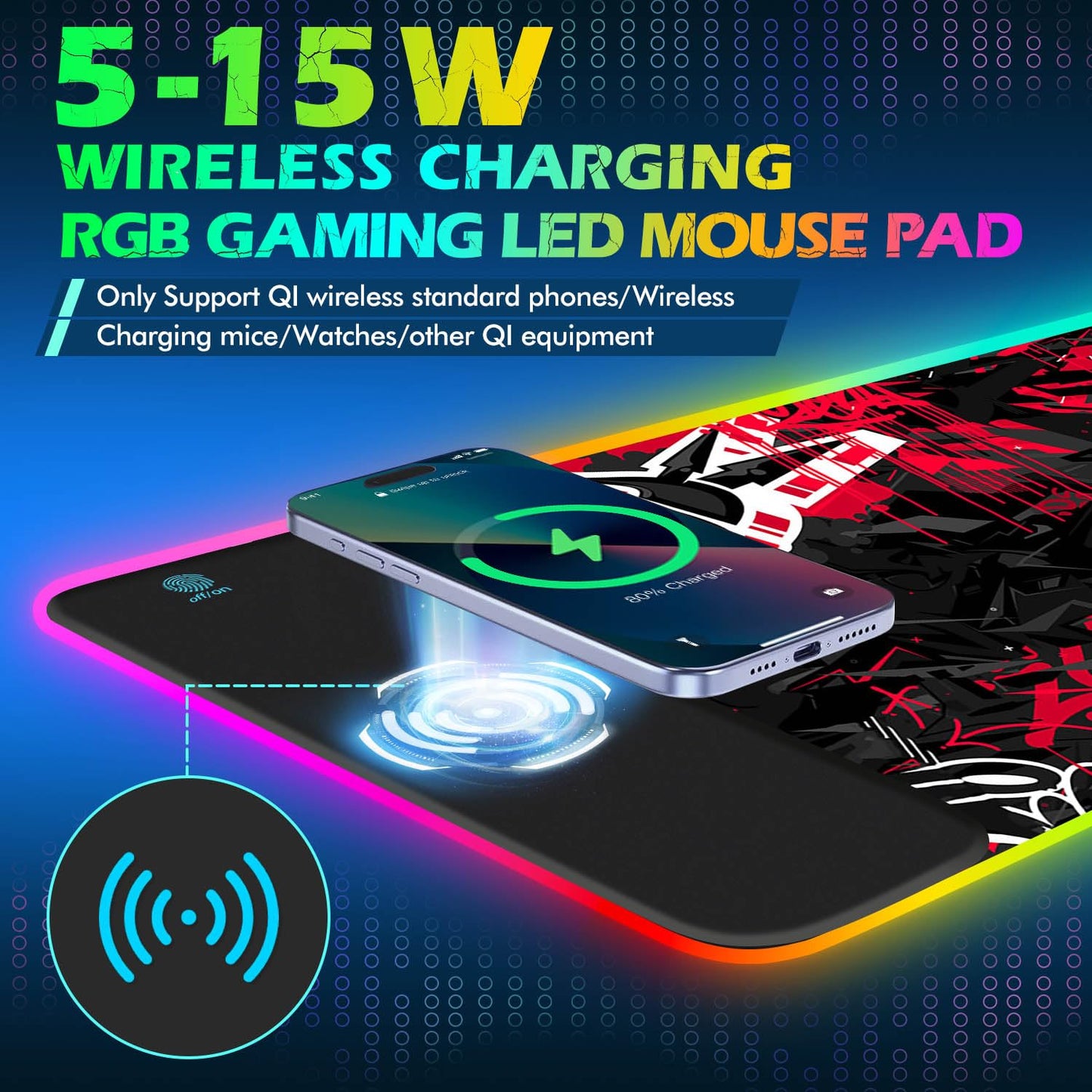 ToLuLu RGB Gaming Wireless Charging Mouse Pad, 5/7.5/10/15W 10 Light Modes LED Mouse Pad Computer Keyboard Mat Mousepad, 800x300x4MM Extended Large Desk Mat for Gaming, MacBook, Laptop, PC, Galaxy