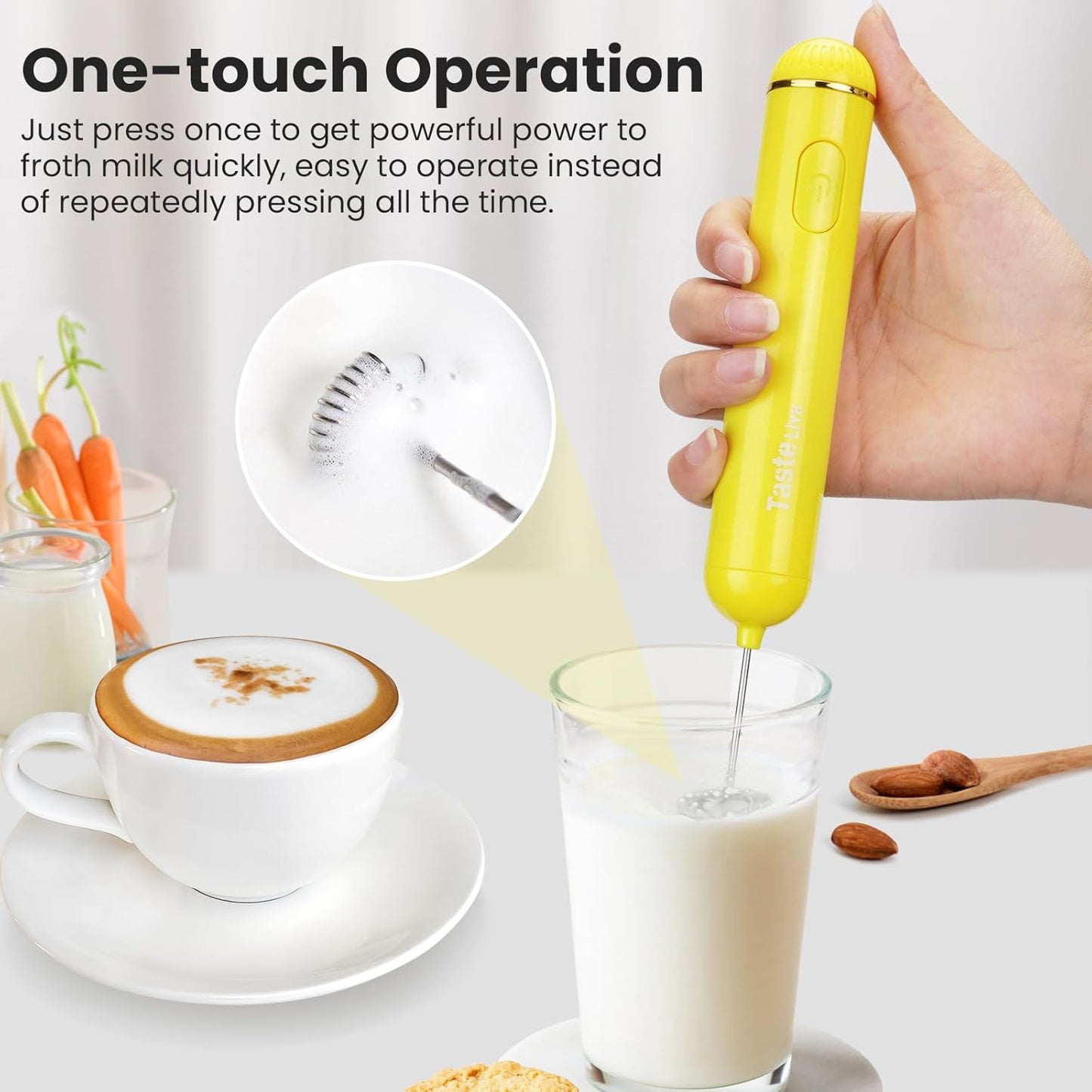Handheld Electric Milk Frother, Battery Operated Foam Maker and Mixer for Drinks (Yellow)