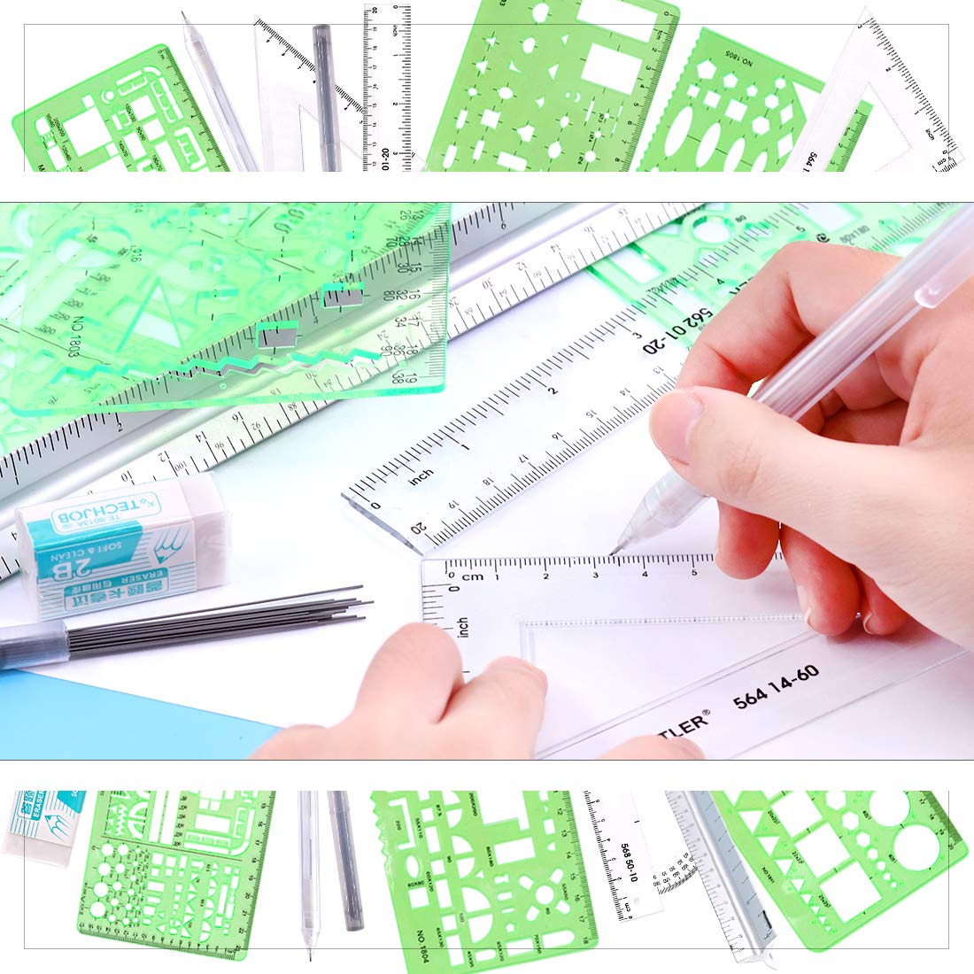 Glarks 16 Pieces Measuring Templates Building Formwork Stencils Geometric Drawing Rulers and Triangular Architect Scale Ruler with Pencil, Pencil Lead Refills, Eraser for Office and School