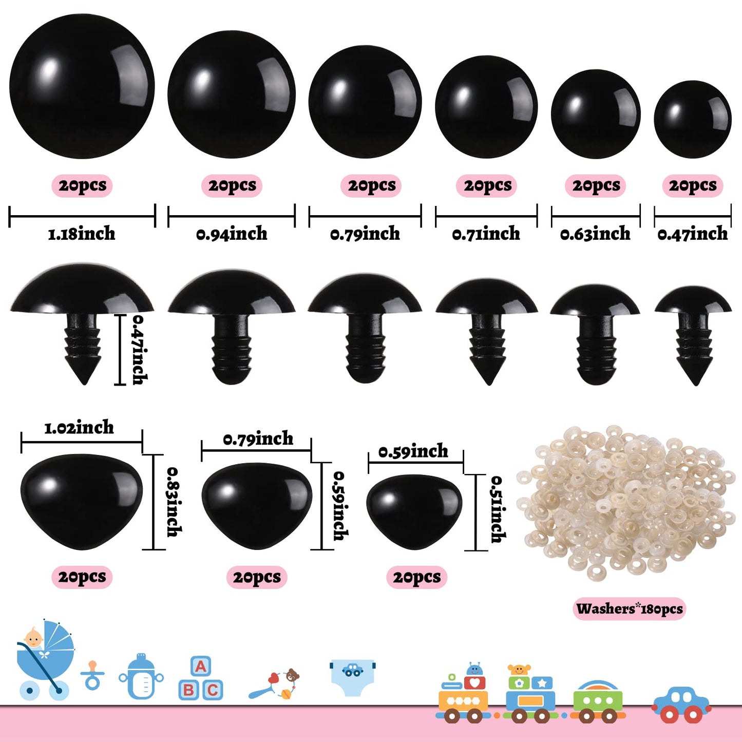 L-Lweik 360 Pcs Large Plastic Safety Eyes and Noses 12-30mm Assorted Sizes with Washers for Crochet Big Stuffed Animals Needle Felting Crafts Dolls DIY, Black