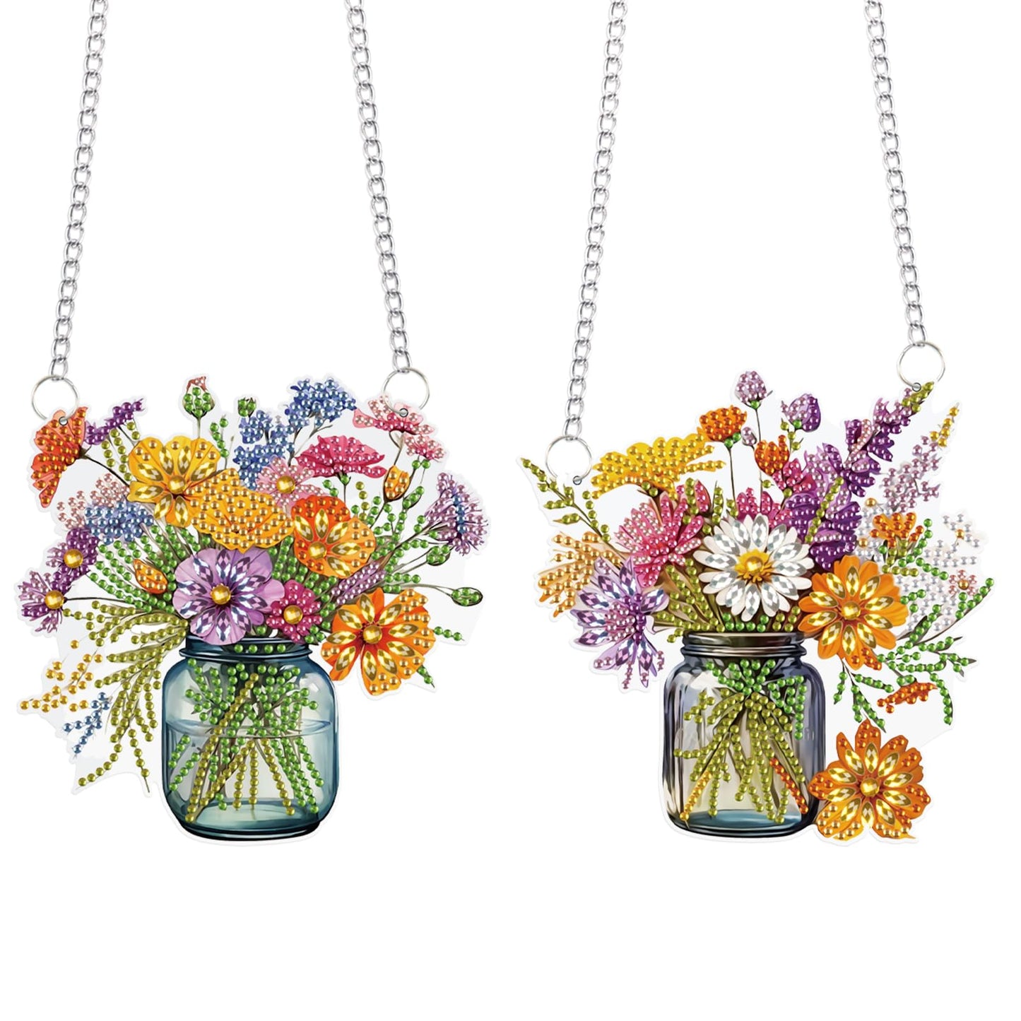 2 Pcs 5D DIY Diamond Painting Hanging Ornaments, Floral Bouquet Jar Design, Special Shaped Acrylic Diamond Art Suncatchers for Window or Wall Decor