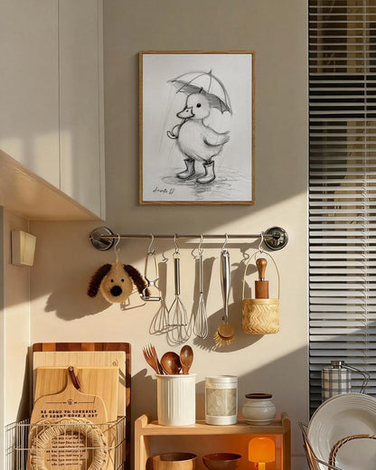 12x16 Inch, Framed Duck Canvas Wall Art Cute Baby Duck Sketch Illustration with Umbrella Print, Minimalist Black
