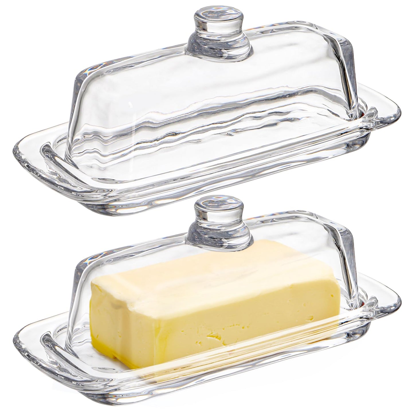 Hedume Set of 2 Glass Butter Dish with Handled Lid, Classic Clear 2-Piece Design Butter Keeper, Food Safe and Dishwasher Safe Standard Size of Butter Dish