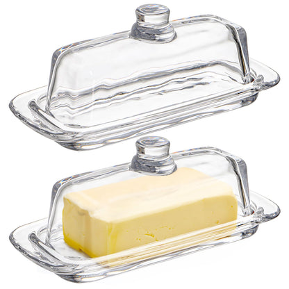 Hedume Set of 2 Glass Butter Dish with Handled Lid, Classic Clear 2-Piece Design Butter Keeper, Food Safe and Dishwasher Safe Standard Size of Butter Dish
