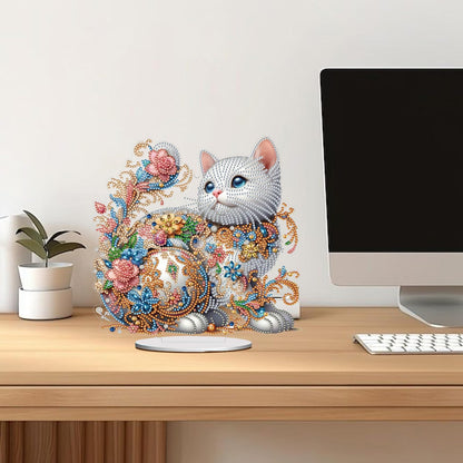 ACSAUMMY 5D Diamond Art Kits for Adults, Diamond Art Painting Desktop DIY Diamond Art Tabletop White Cat Diamond Arts and Crafts for Kids Adults Stand Up Gem Painting Kit for Decoration