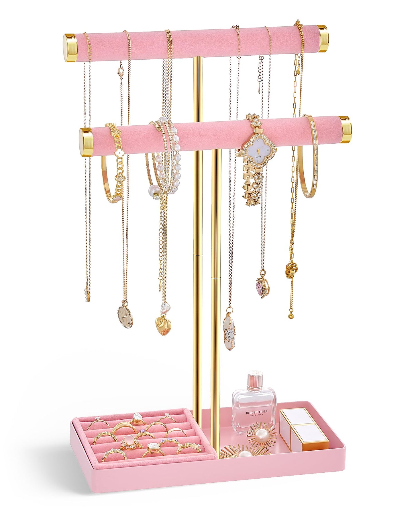 Lolalet 2-Tier Necklace Holder Display, Velvet Wrapped Jewelry Organizer with Removable Ring Tray, Tall Bracelet Stand for Bangles Watches Earrings, Gifts for Mom Girls Women Mother's Day -Pink
