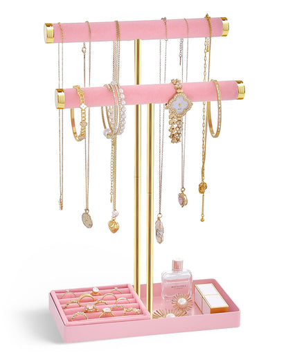 Lolalet 2-Tier Necklace Holder Display, Velvet Wrapped Jewelry Organizer with Removable Ring Tray, Tall Bracelet Stand for Bangles Watches Earrings, Gifts for Mom Girls Women Mother's Day -Pink