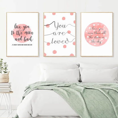 PUYIQARE (16x24inchx3 I Love You To The Moon And Back Wall Art prints Pictures Pink Moon Posters Canvas Painting
